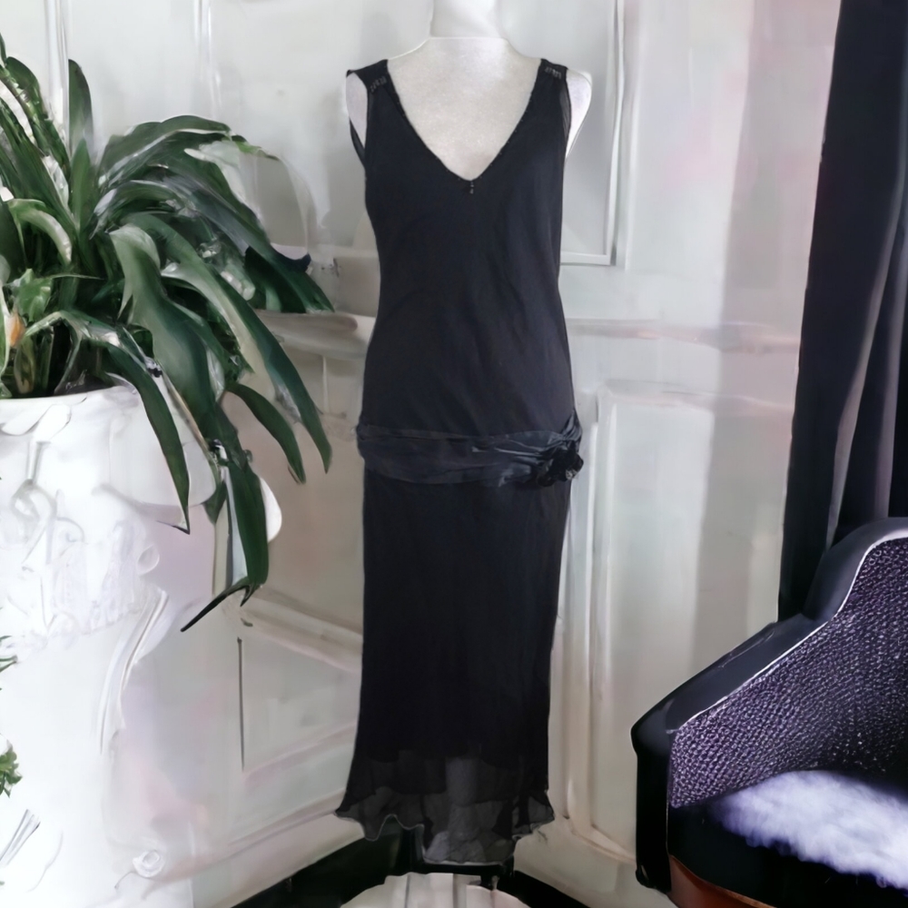Max Studio Special Edition Black Silk Sleeveless V-Neck Maxi Dress Size Large